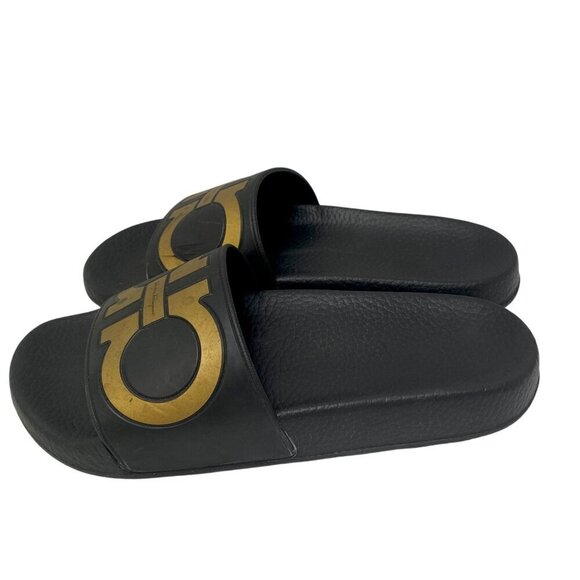 Salvatore Ferragamo Logo Slides Size 6 Designer Sandals Black Gold - Picture 3 of 12